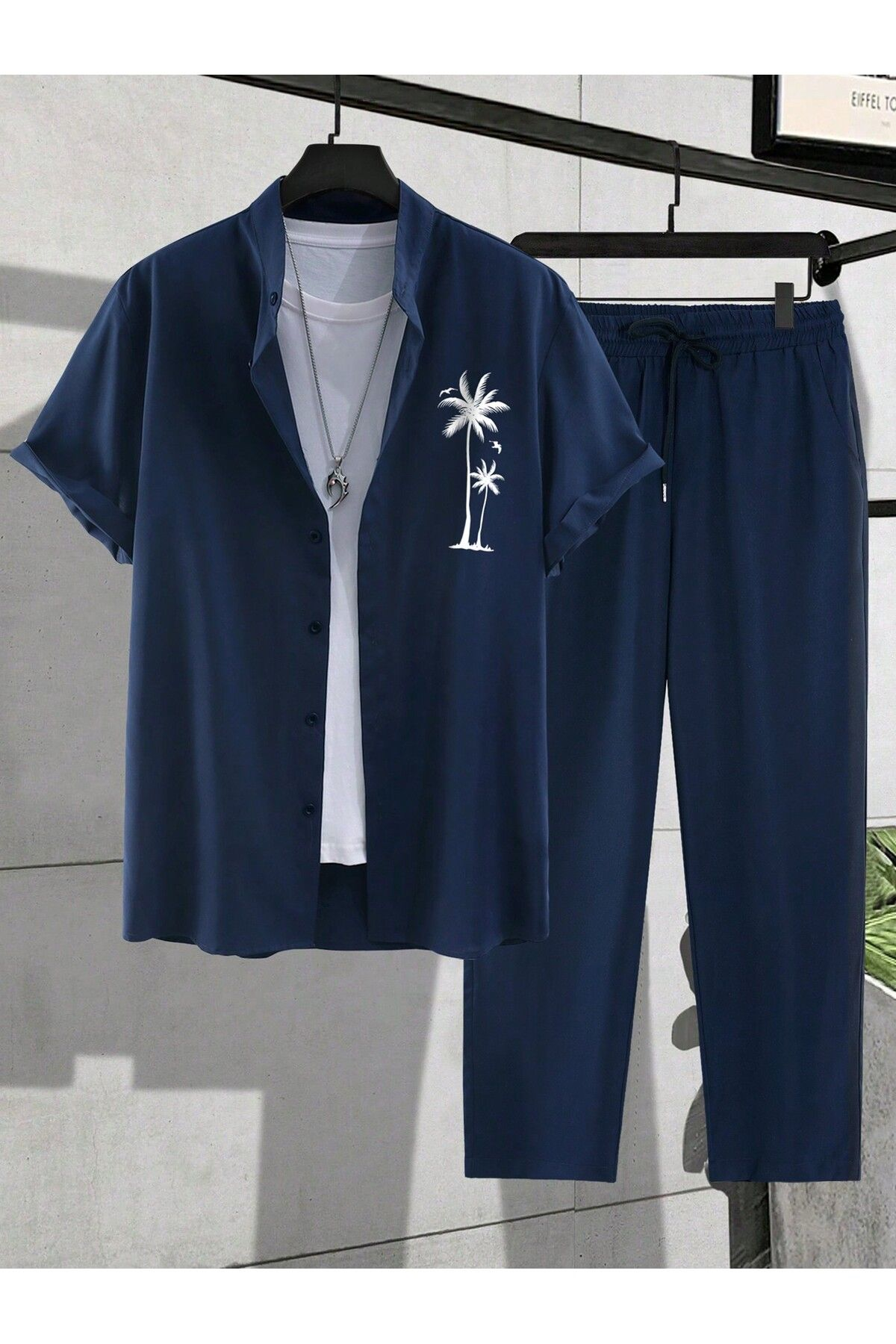 Men’s Navy Tropical Palm-Print Resort Button-Up Shirt & Drawstring Lounge Pants Set