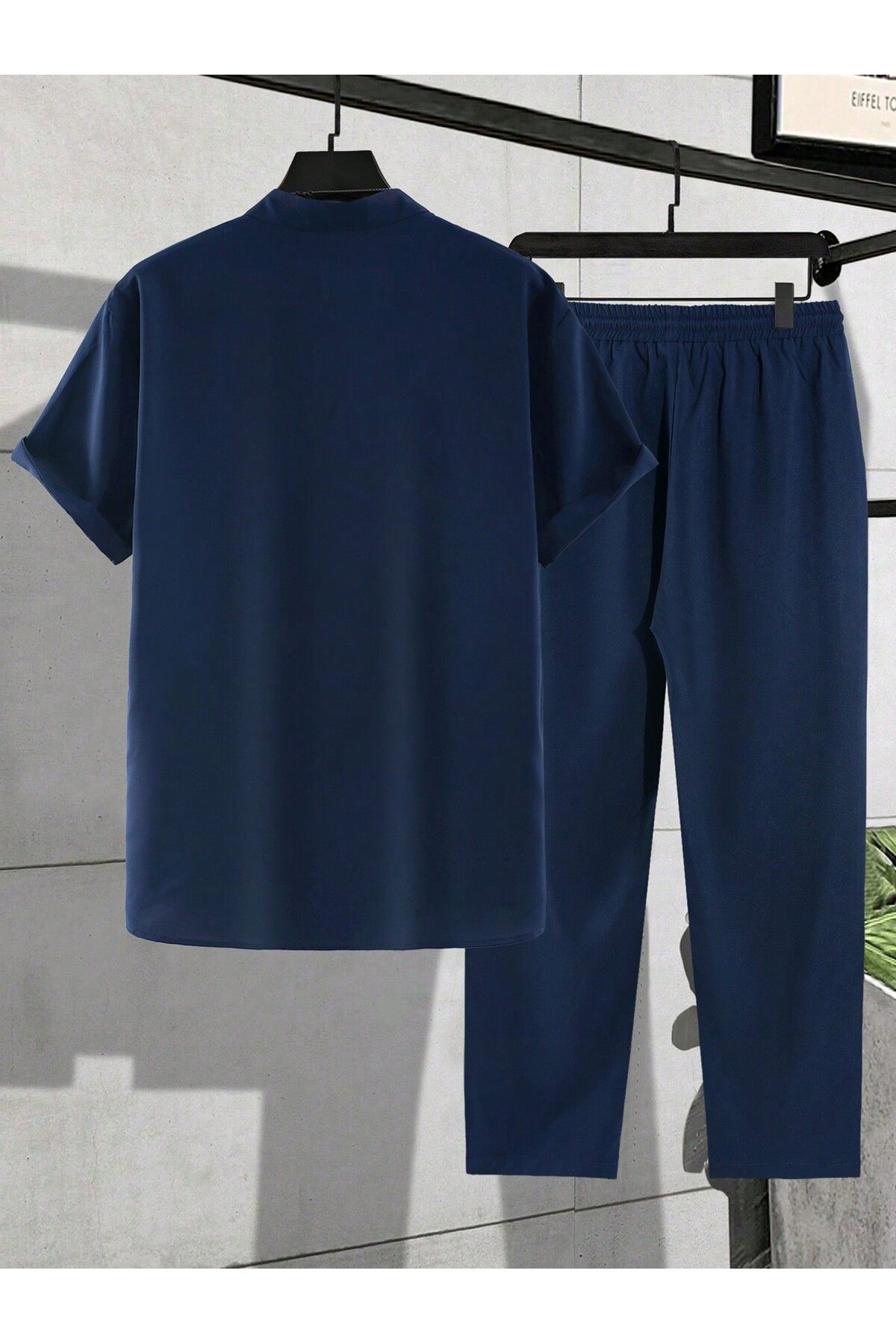 Men’s Navy Tropical Palm-Print Resort Button-Up Shirt & Drawstring Lounge Pants Set