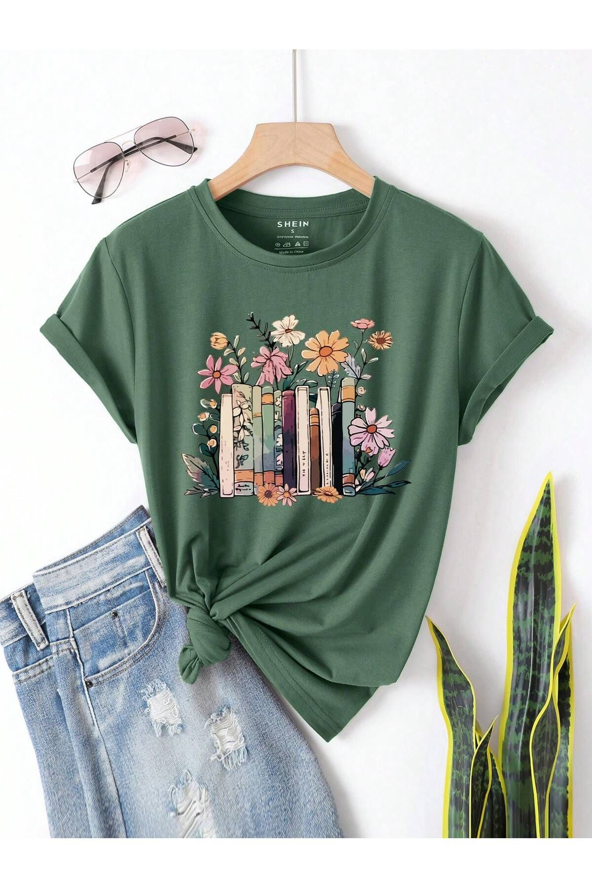 Green “Garden of Books” Floral Stack Graphic Tee – Book Lover’s T-Shirt