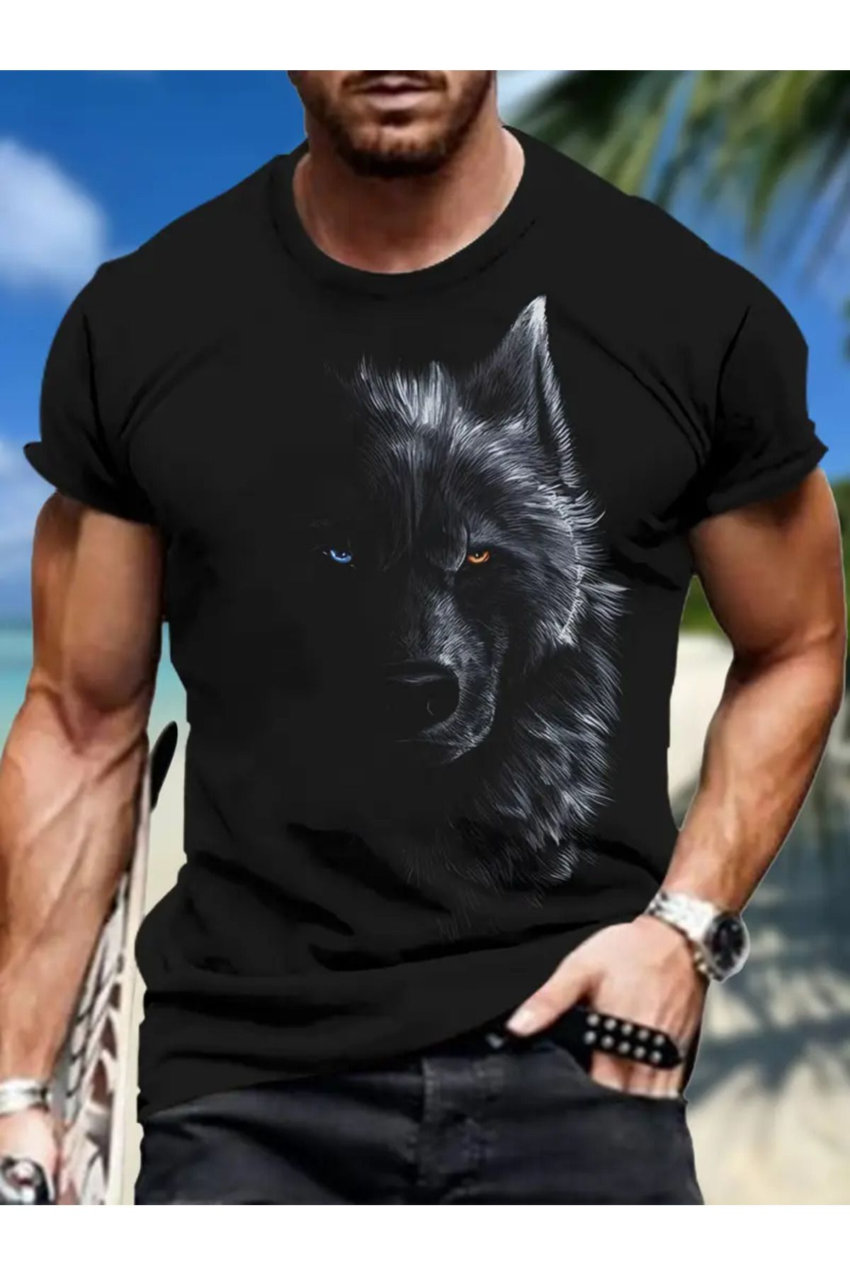 Erkek BlackShadow Wolf Çift Gözlü Grafik Tişört