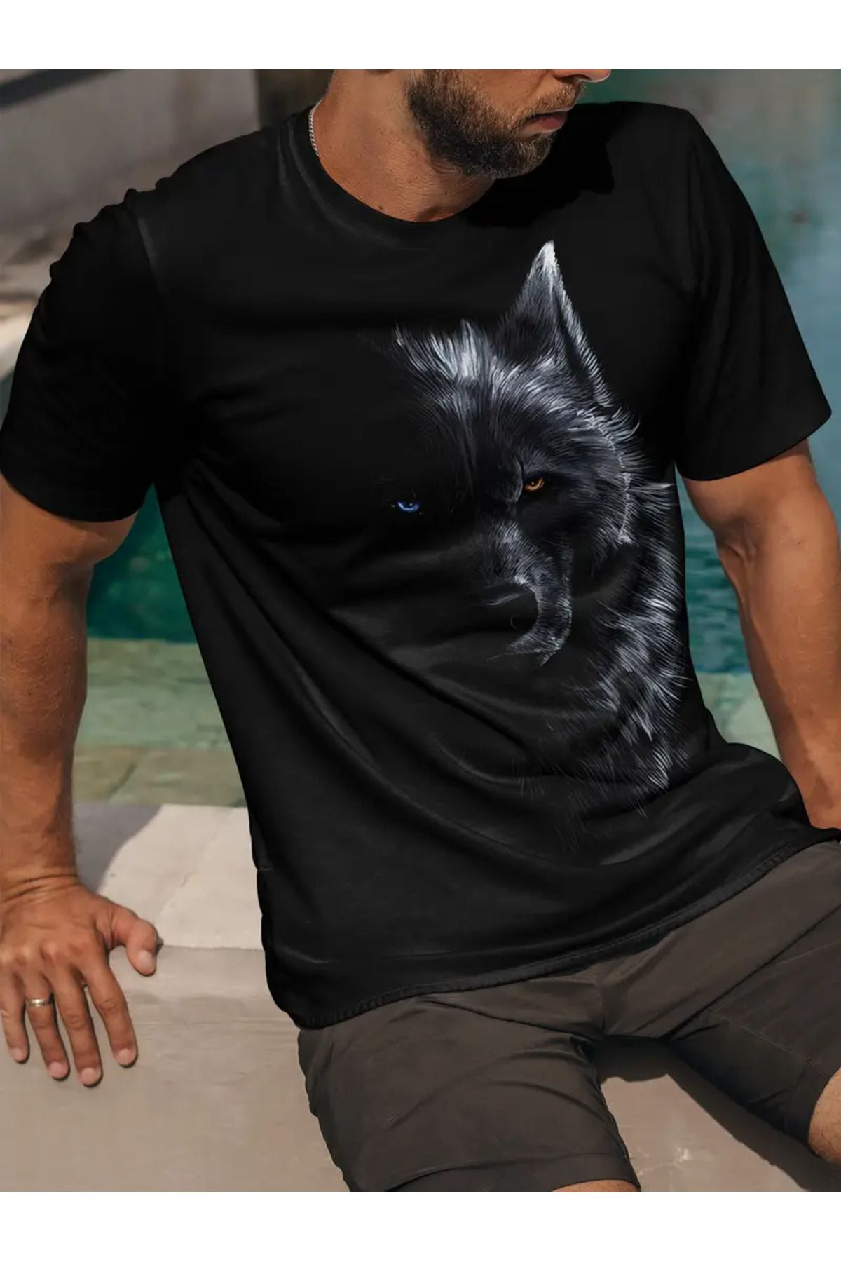 Erkek BlackShadow Wolf Çift Gözlü Grafik Tişört